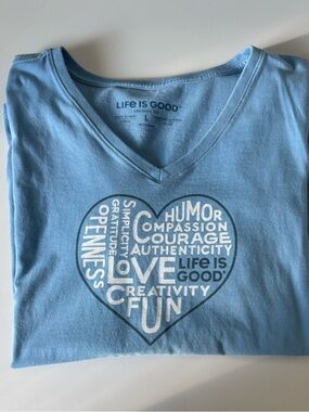 Life Is Good Light Blue V-Neck Tee with White Heart Word-Art